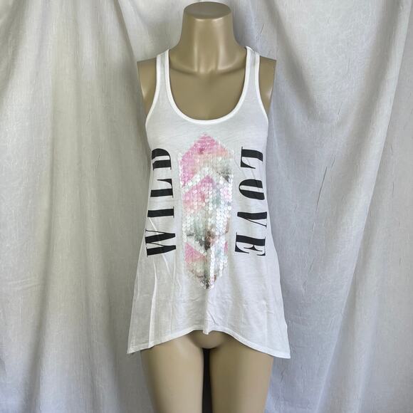 Express Tops - 🫶🏼 Express Wild Love Sequin Flowy Tunic Tank Top White Sheer Back Pastel XS